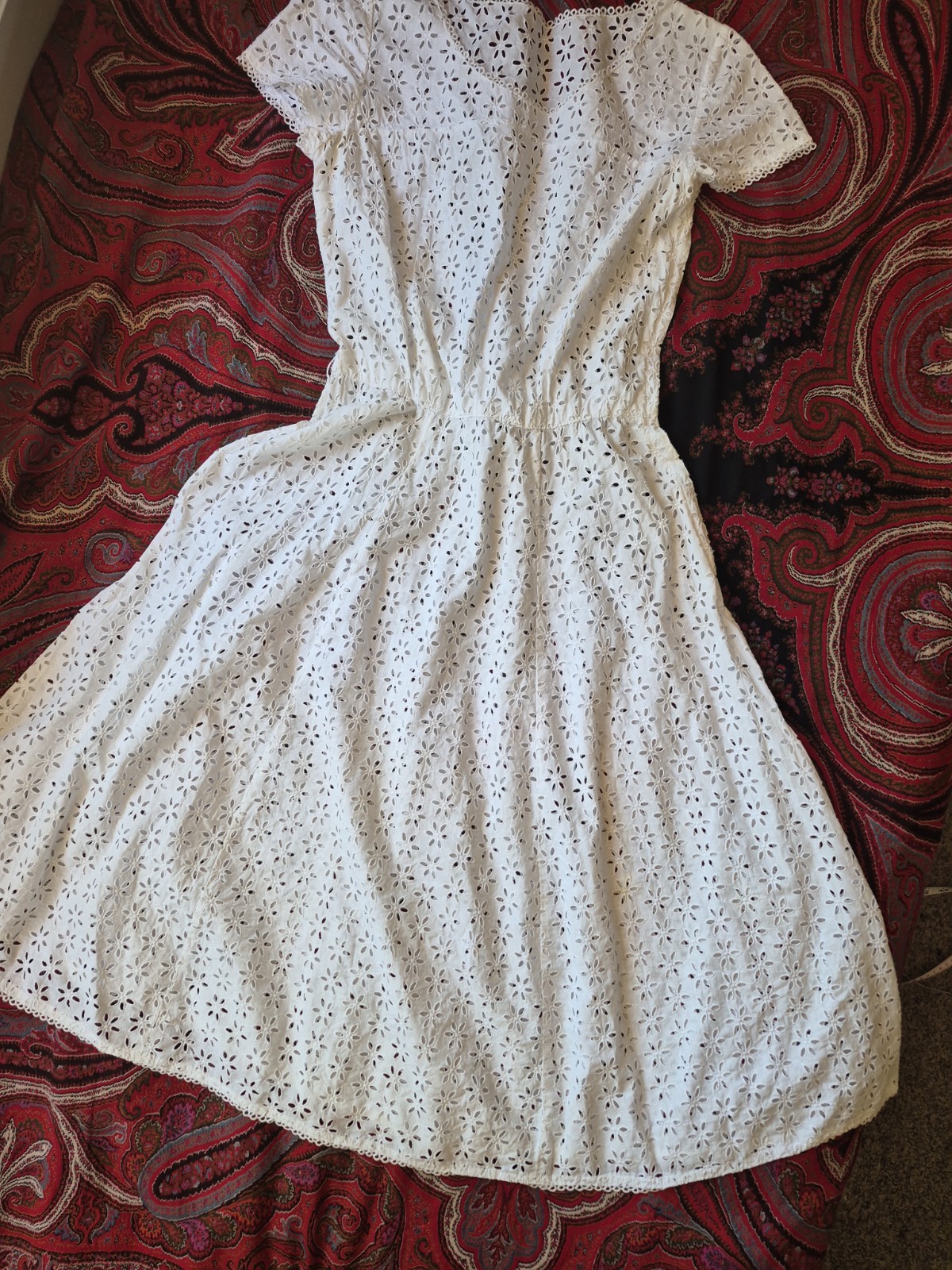Vintage 50s Midi Dress Eyelet Lace XS Round Neck Cap Sleeve Metal Zip