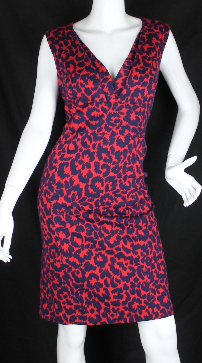 (Anne Klein) Dress Sz 10 Animal Print Sleeveless Red/Blue High Waist Lined Zip