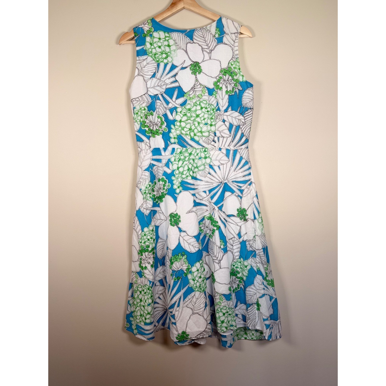 Caribbean Joe Womens Blue Green Tropical Floral Cotton Fit Flare Dress Size M