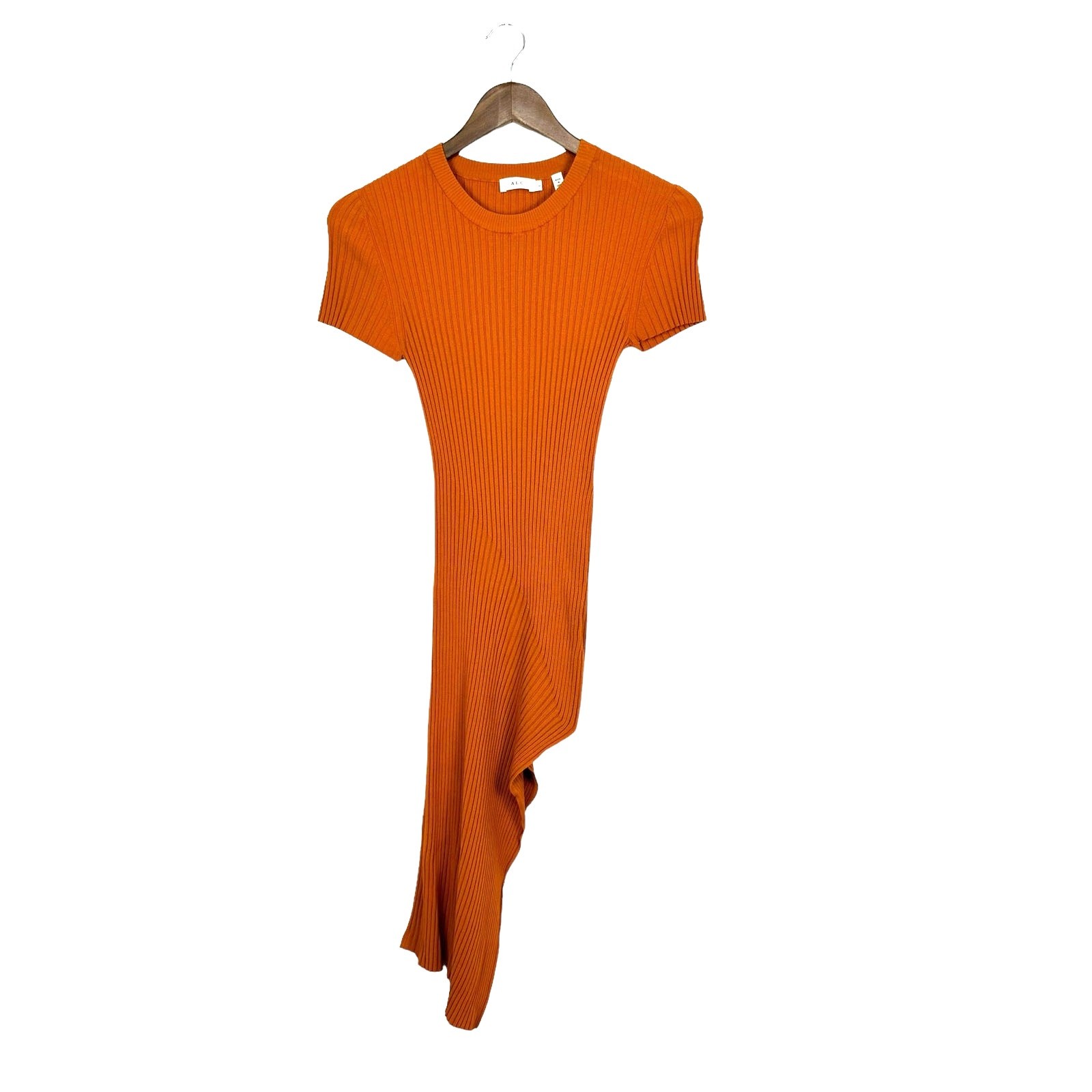 A.L.C. M Minetta Orange Ribbed Fitted Bodycon Asymmetrical Slit Dress