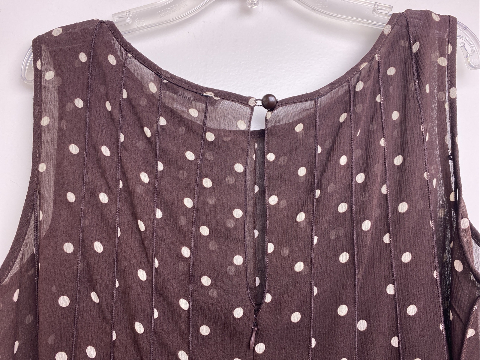Brown White Polka Dot Sheer Lined Sleeveless Ruffle Dress Sz 12 Pretty Woman