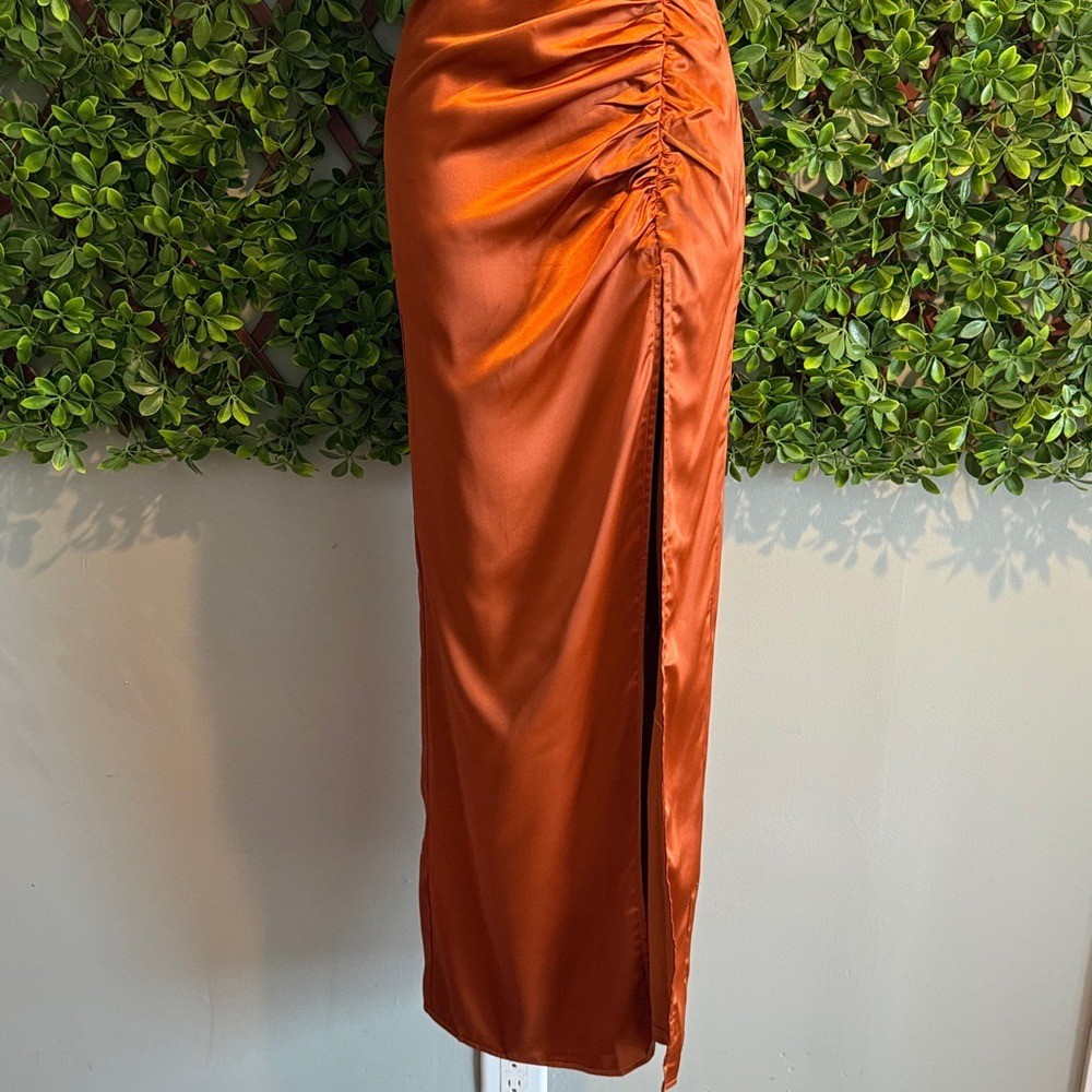Luxurious Marvel Rust Orange Satin Ruched Column Dress