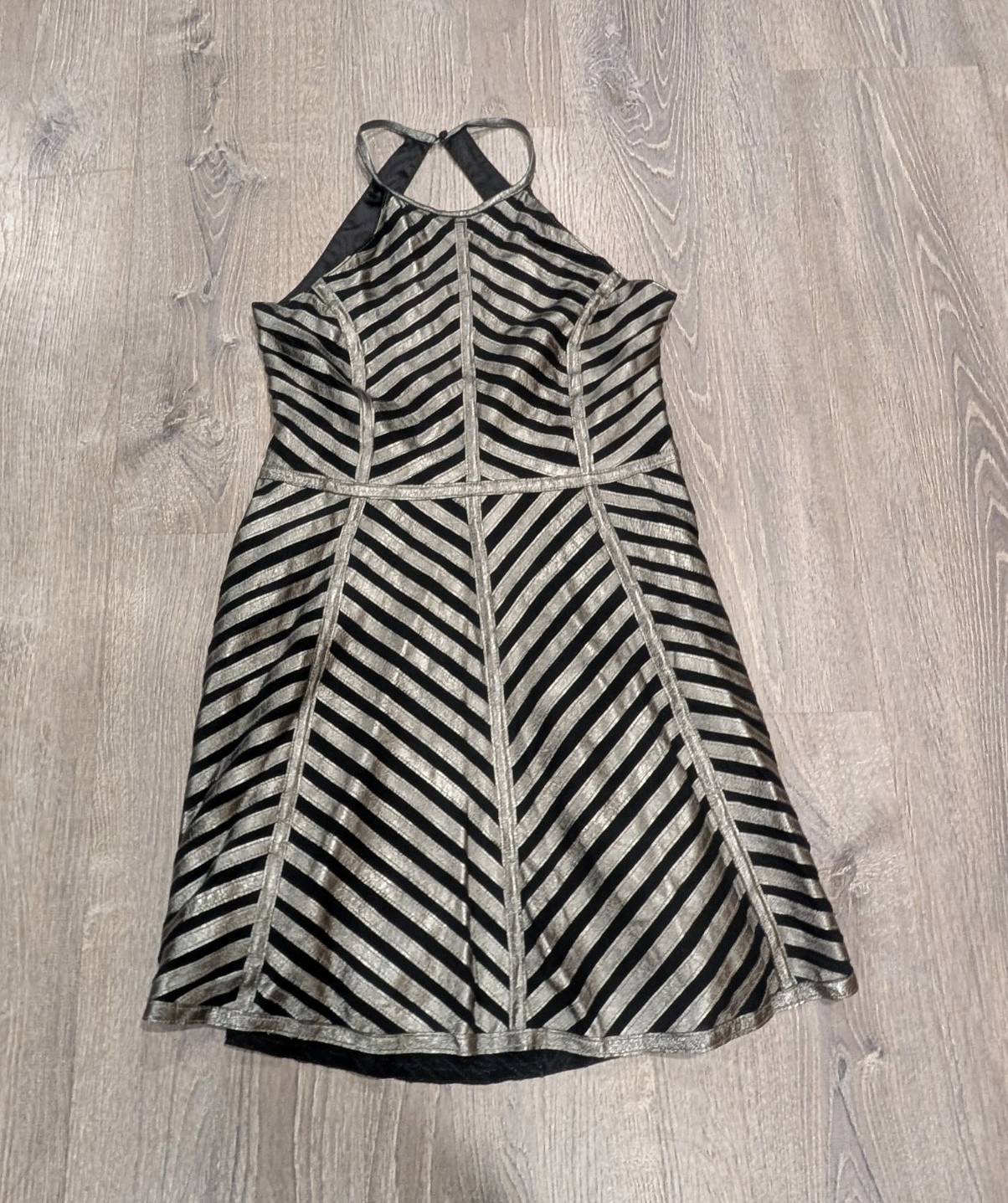 Parker Black Silver Striped Halter Fit & Flare Knee Dress Sleeveless S