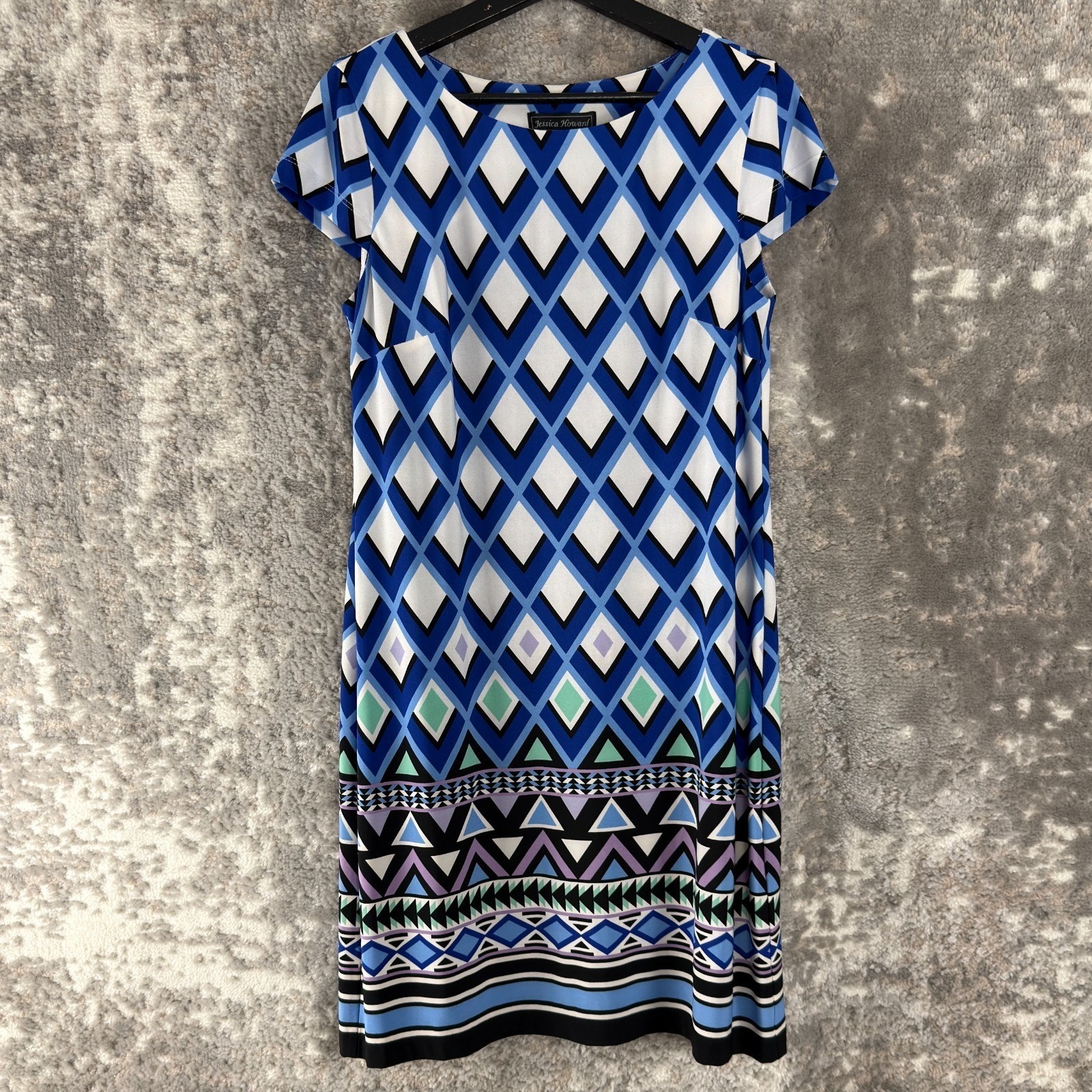 Jessica Howard Sz S Geometric Shift Mini Dress Blue cap Sleeve Pullover Stretch