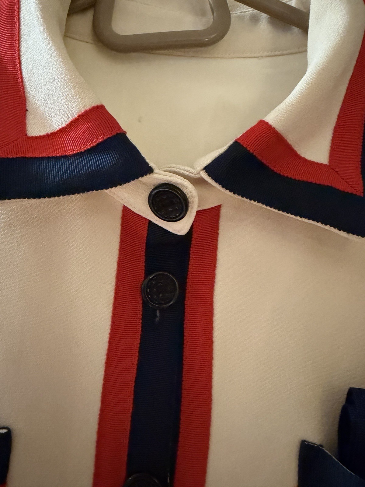Cream Floral Embroidered Two-Piece Jacket & Skirt Set with Red-Blue Trim