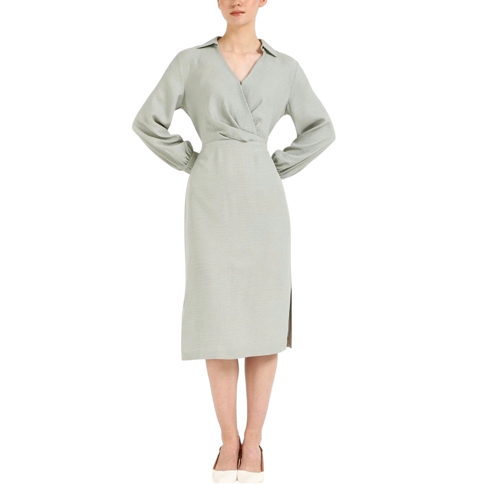 CALVIN KLEIN JEANS Sage Green Regular Fit Dress Plus Size 14 Long Sleeve Midi