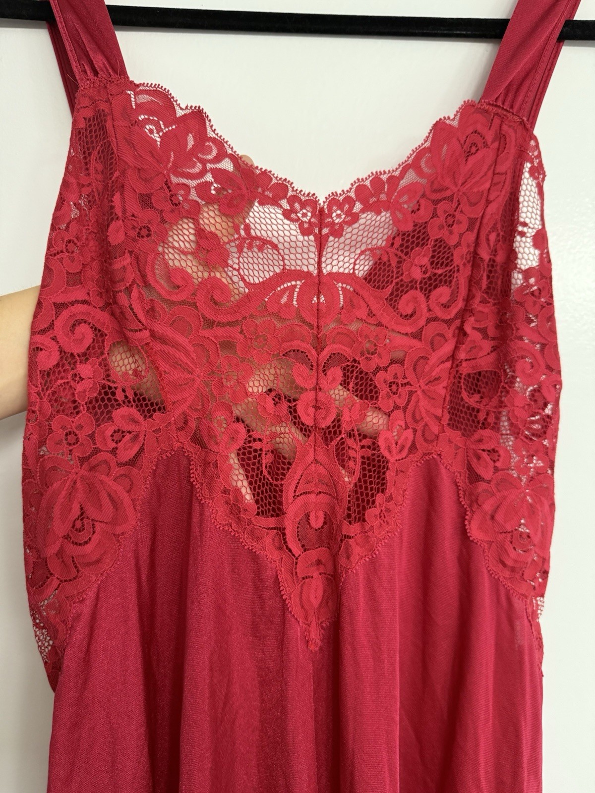 90s Red Lace Bust Midi Slip Dress Triangle Front & Back Neckline, Size М