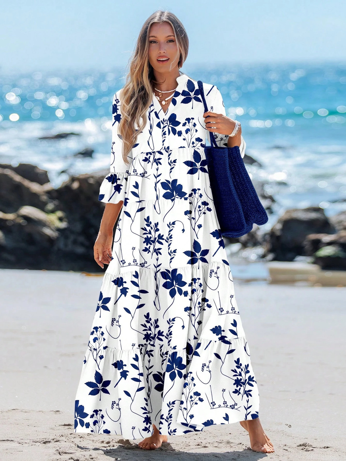 Women’s Bohemian Long V Neck Floral Branch Pattern Dress