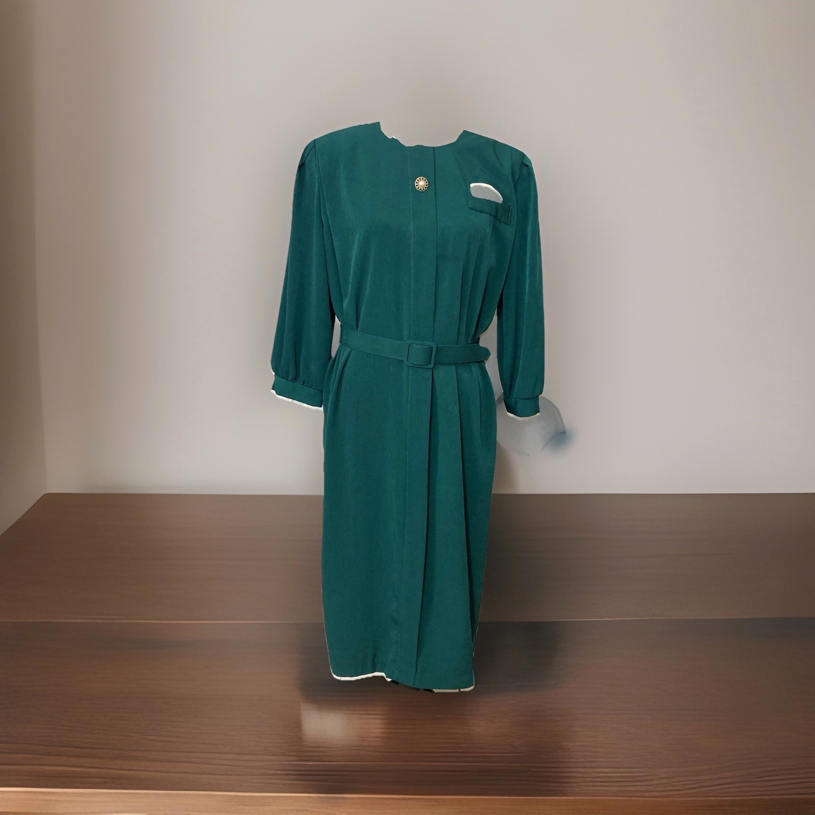 Vintage Leslie Belle Petite Green Dress Sz 11/12 Belted Faux Kerchief Broach