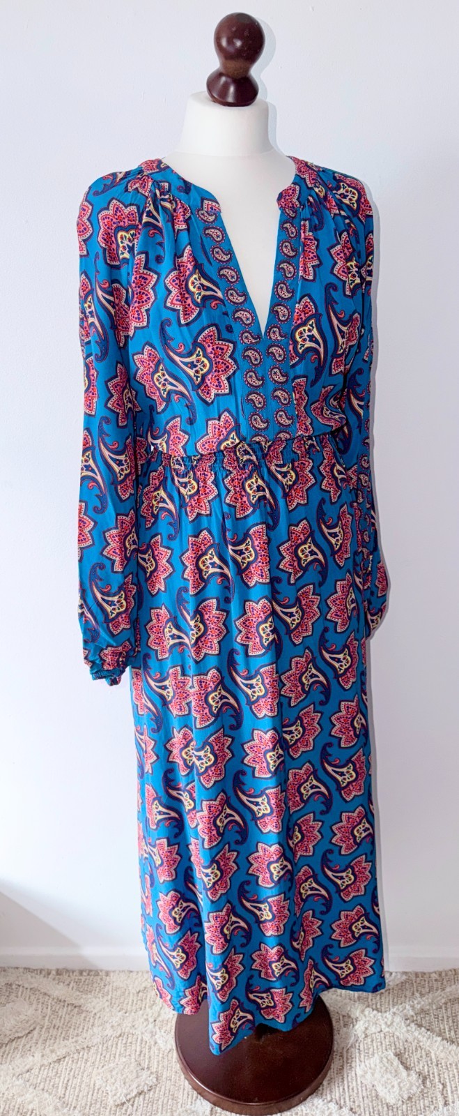 Boden Blue Border Print Raglan Midi Dress Pockets Balloon Sleeve UK 18L RRP £130