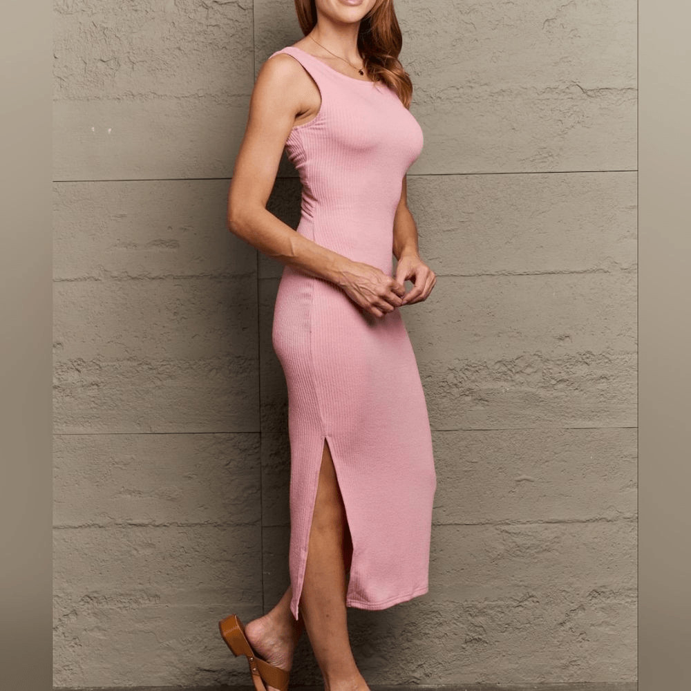 Fitted Sleeveless Side Slit Backless Cut Out Knotted Midi Dress in Pink 1X