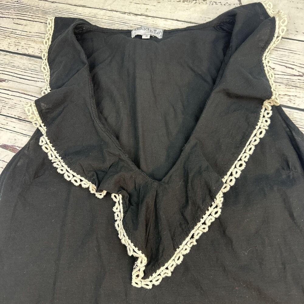 Mud Pie Black Cotton Eyelet Ruffle V-Neck Sleeveless Shift Dress Tunic Womens M