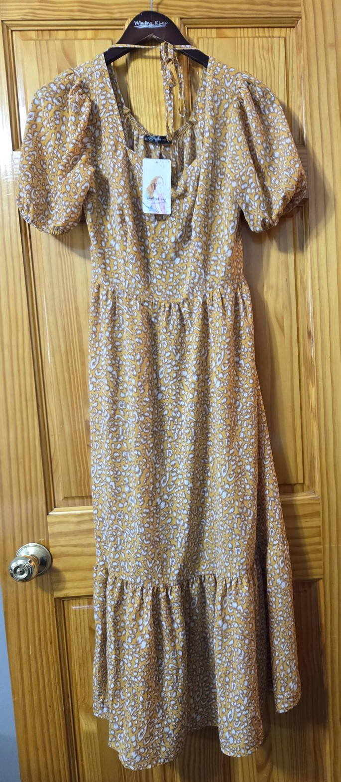 PRETTYGARDEN Dress Womens Small Yellow Leopard Smocked Puff Sleeve Maxi Boho NWT