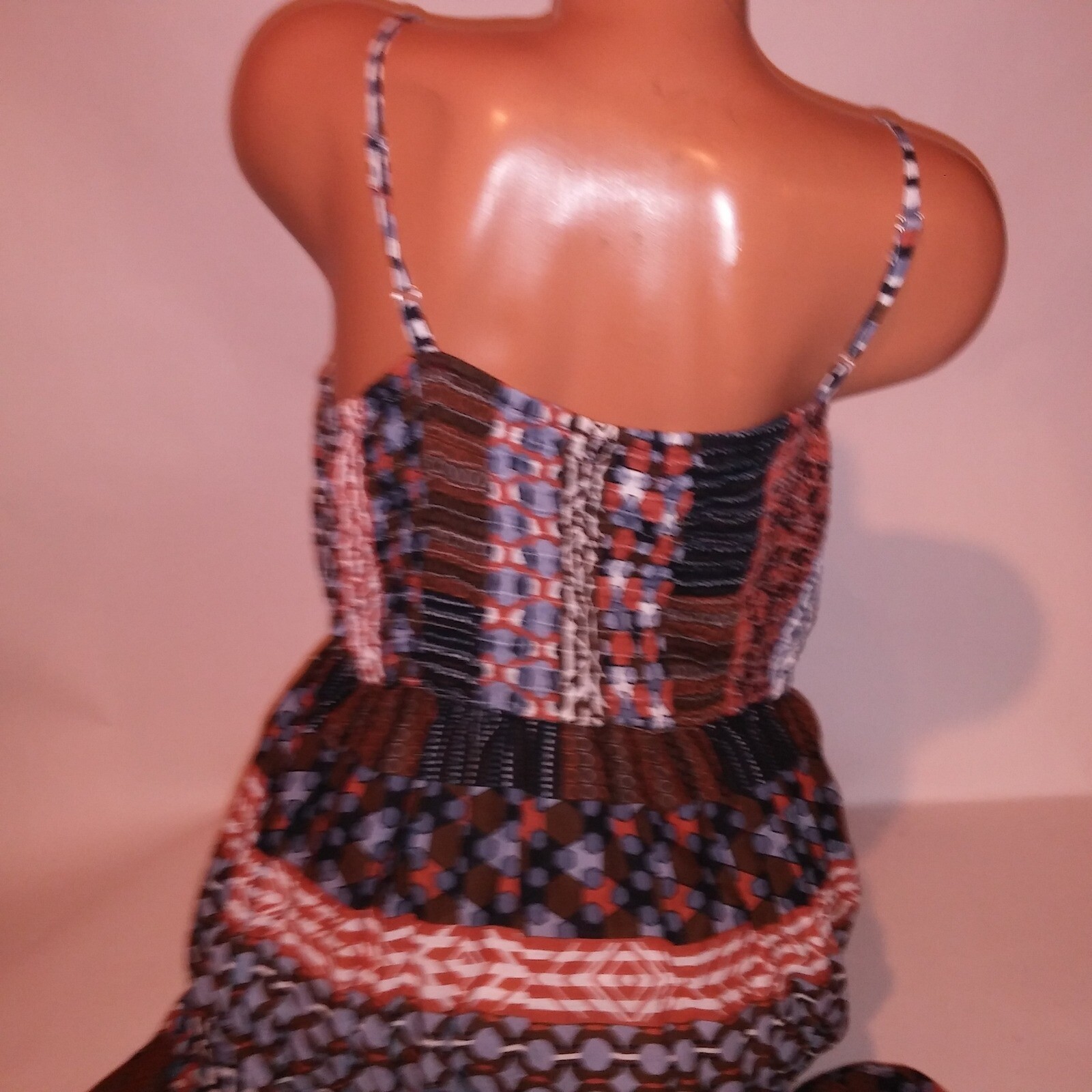 K Trixx Sun Dress Maxi Large Brown Blue White Smocked Sleeveless