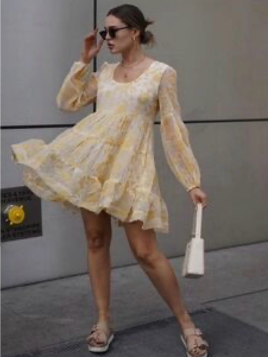 En Saison Audrey Floral Organza Babydoll Mini Dress M | Yellow Puff Sleeve Cotta