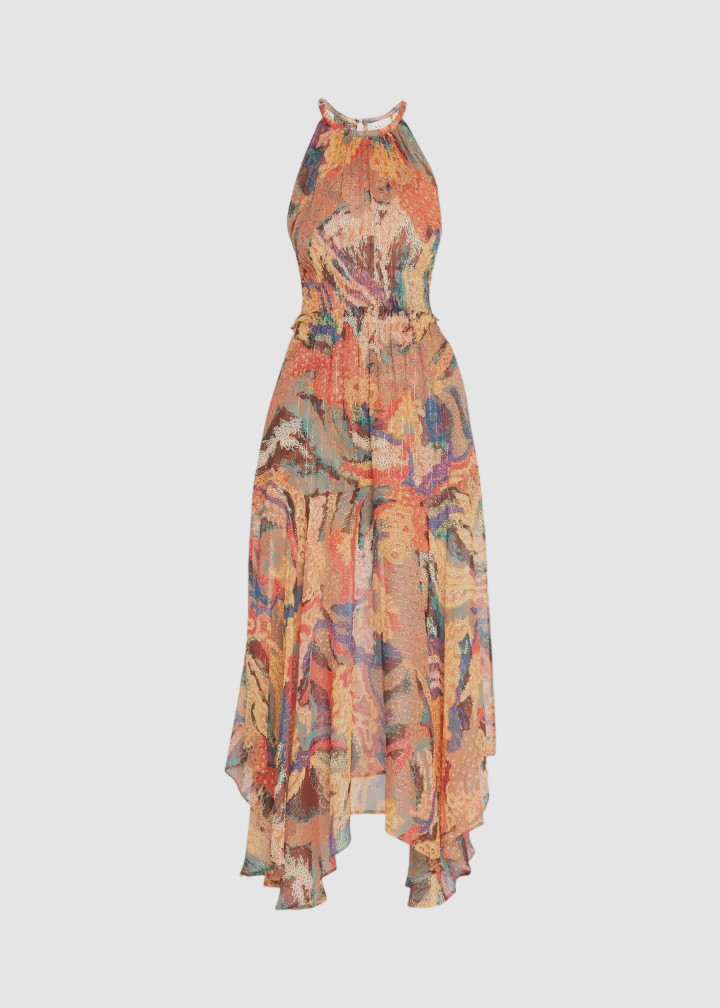 $695 A.L.C. Women’s Orange Ellie High-Neck Printed Metallic MIDI Dress Size 8