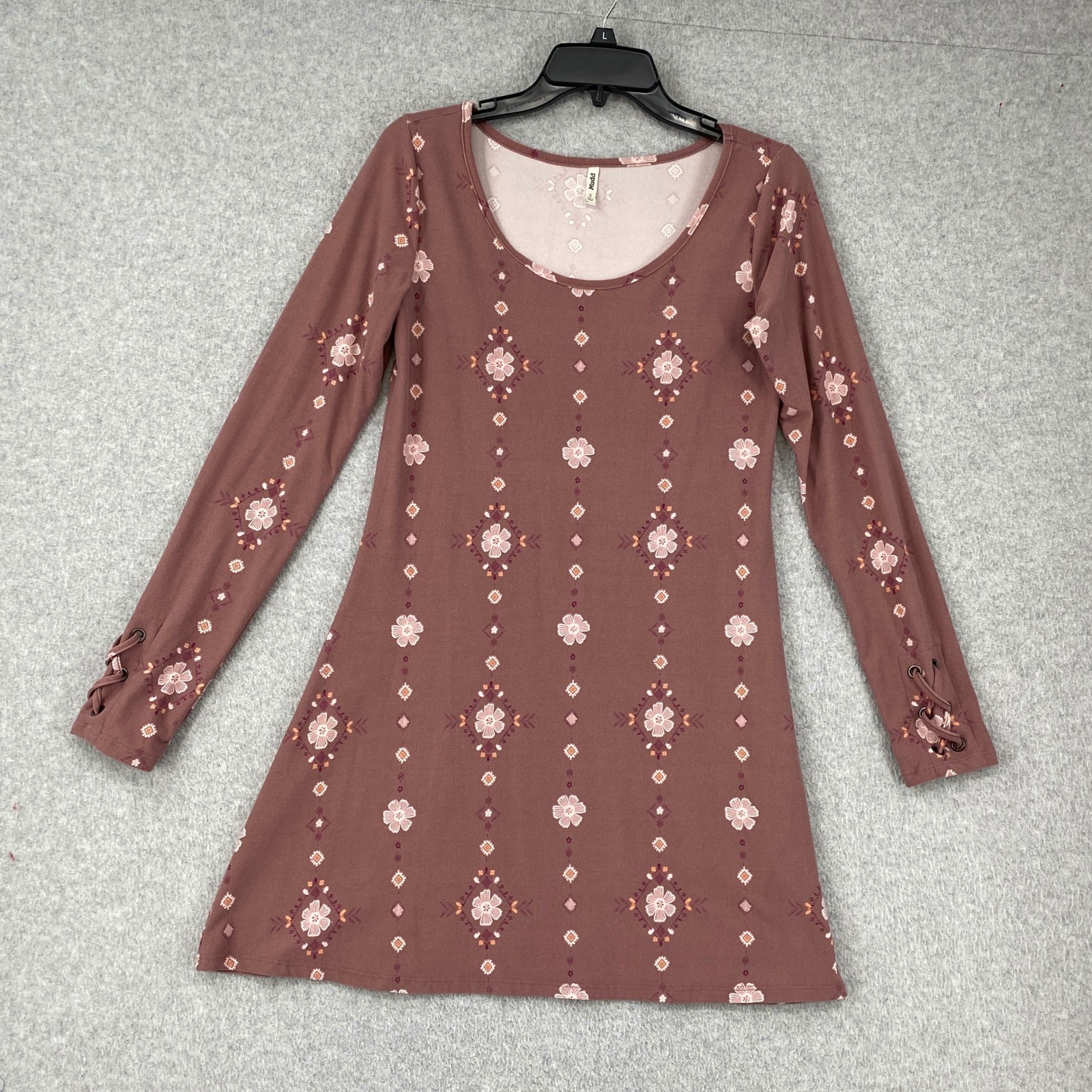 Mudd Women’s Brownish Pink Floral Print Long Sleeve Laced Cuff Knit Dress Size S