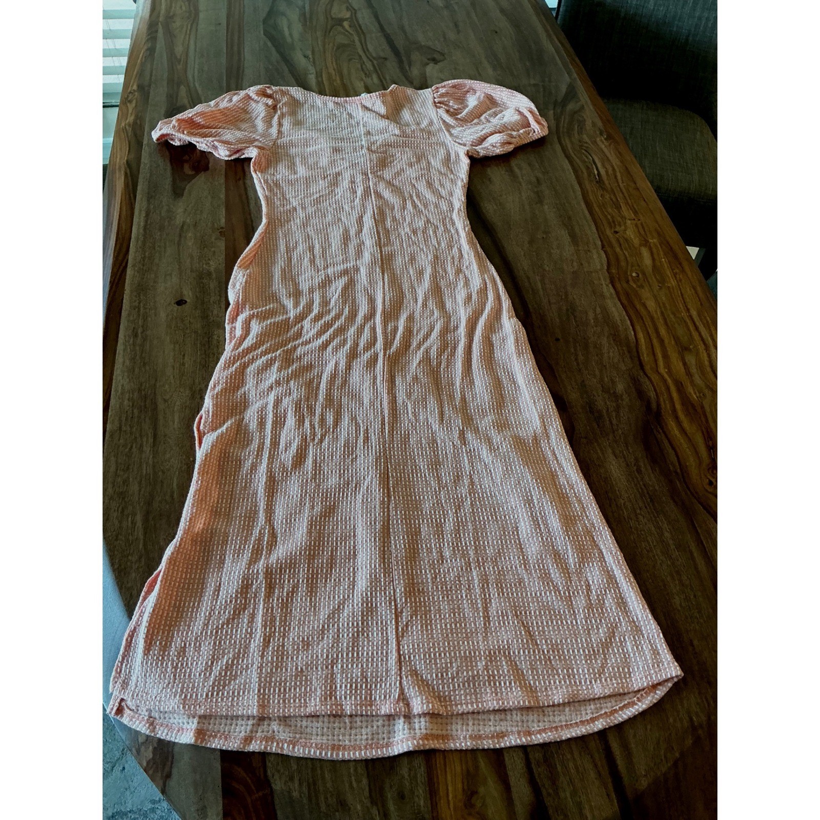 Caution To The Wind Peach Gingham Textured Maxi Dress Puff Sleeve Side Slit