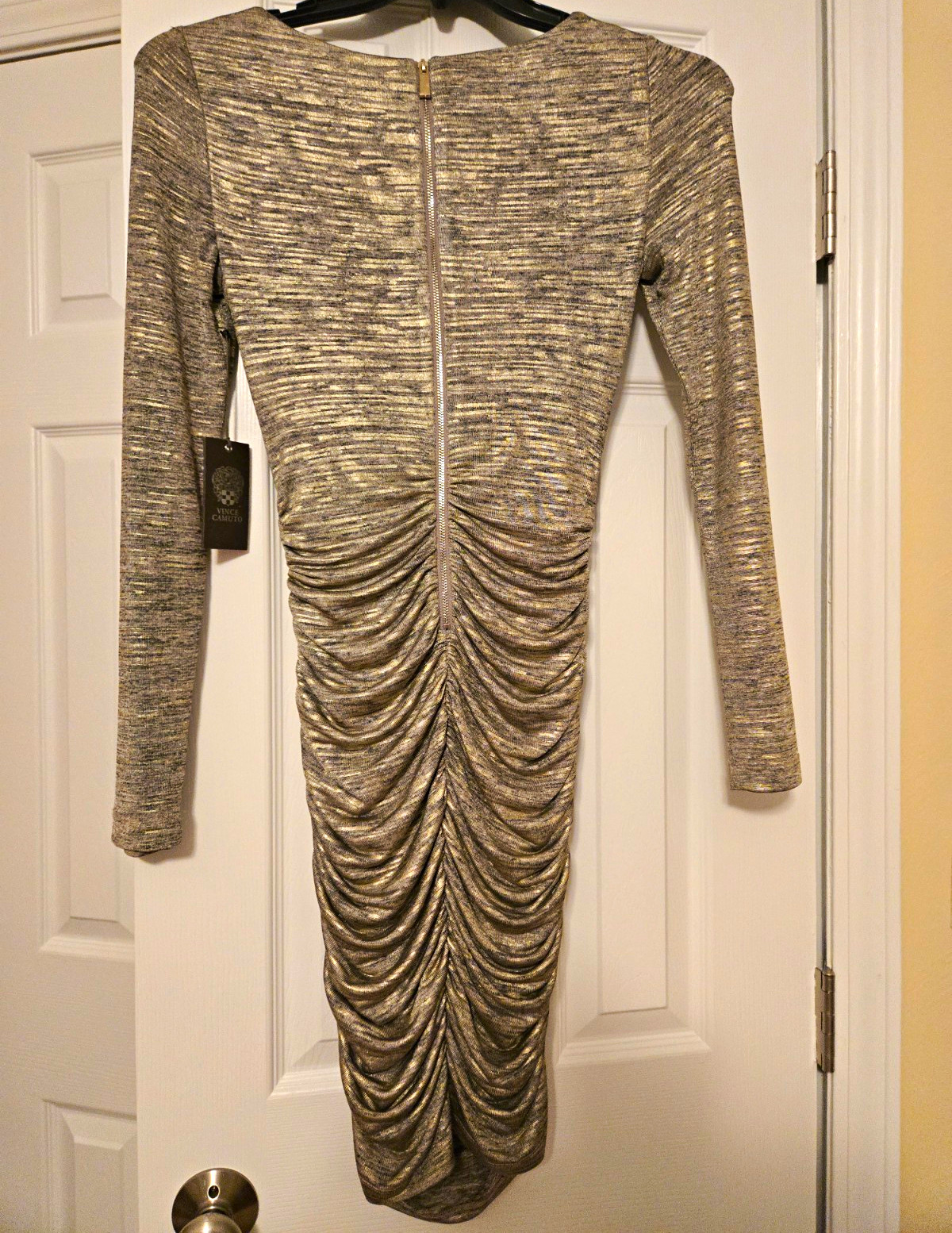 Vince Camuto Womens Gold Gray Metallic Ruched Lined Zip Sheath Dress Size0