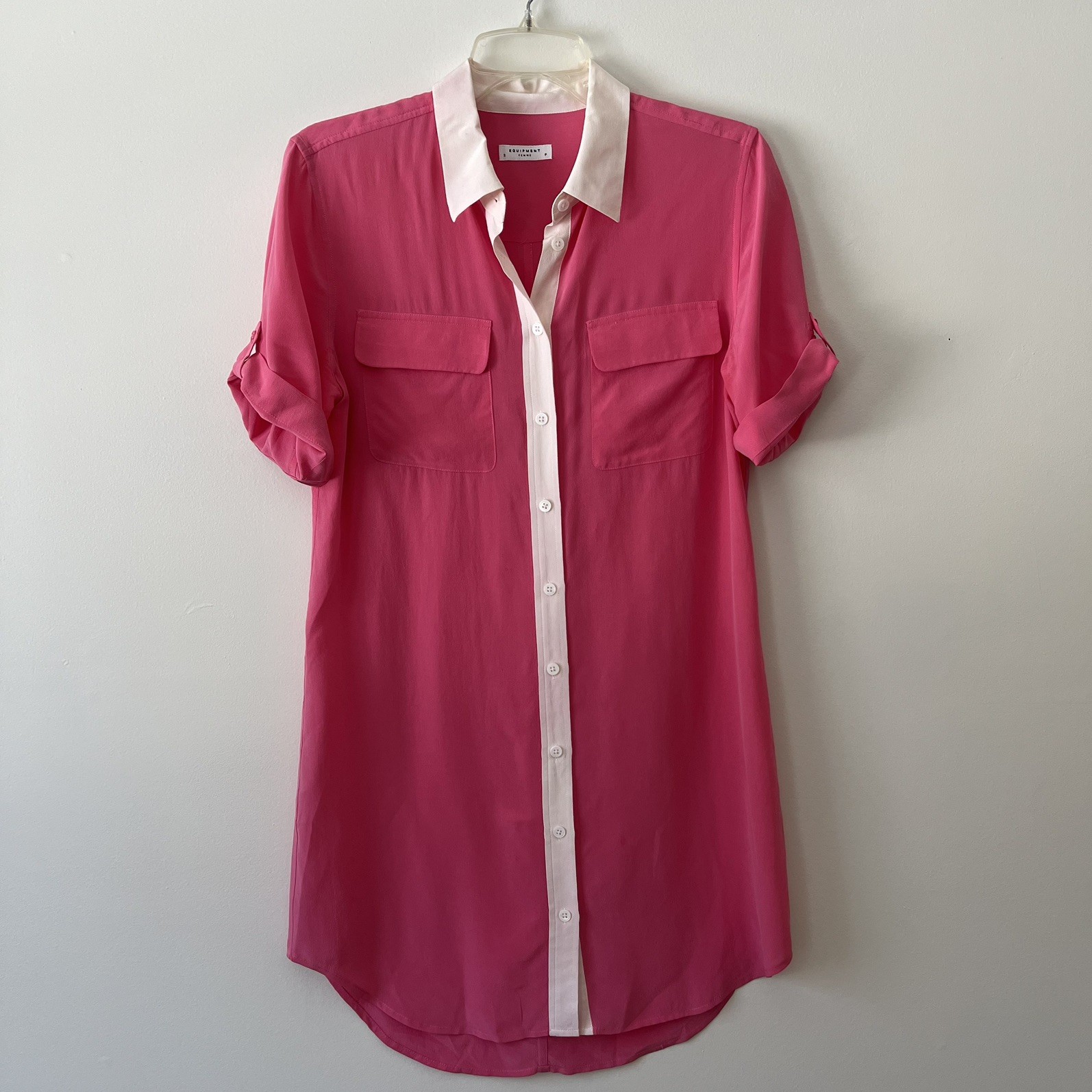 Equipment Femme Silk Shirt Dress Small Pink Lightweight Pockets Button Front