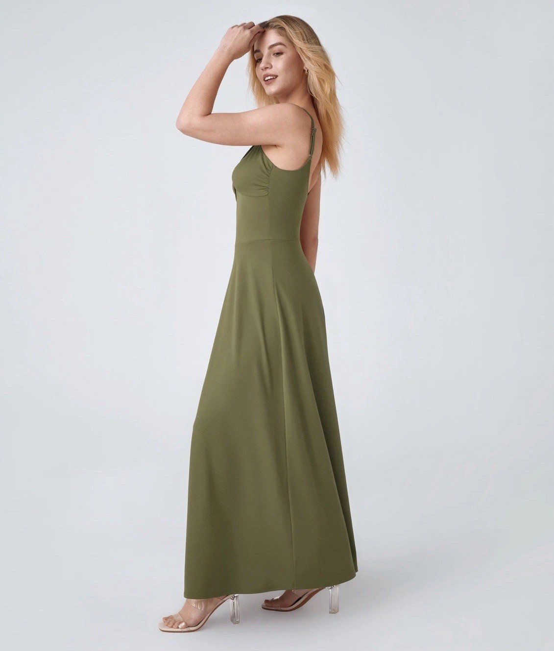 Halara Women’s Olive Green Twist Front U Back Flowy Maxi Dress Sz L 10 12