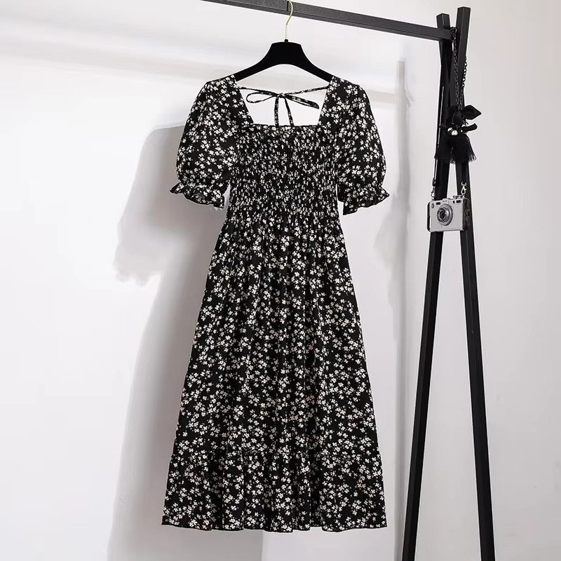 Chic Spring Summer Chiffon A-Line Dress with Elastic Waist and Short Sleeves