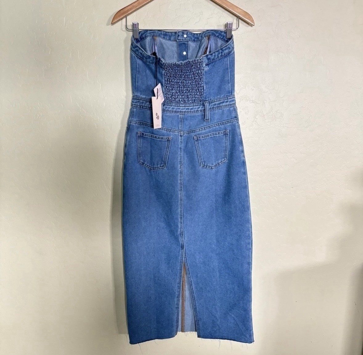 Sincerely Jules Blue Denim Strapless Button Front Smocked Pocket Midi Dress S