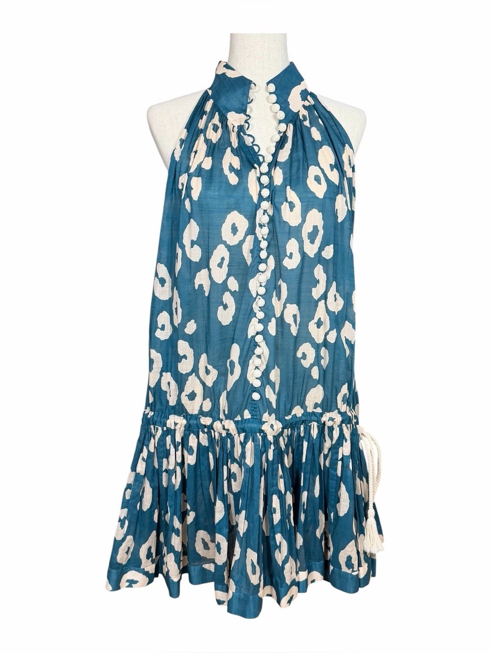 Zimmermann Teal & Light Beige Patterned Cotton Dress Sleeveless Crochet