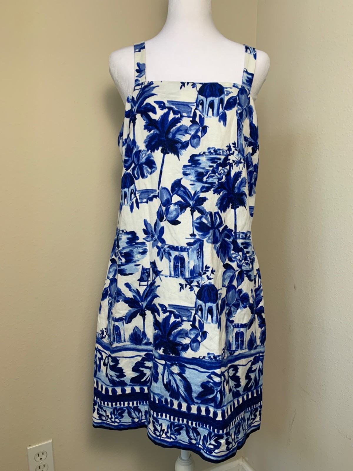Loft Linen Blend Dress Sz 8 Blue White Palm Sleeveless Tropical Beach Resort