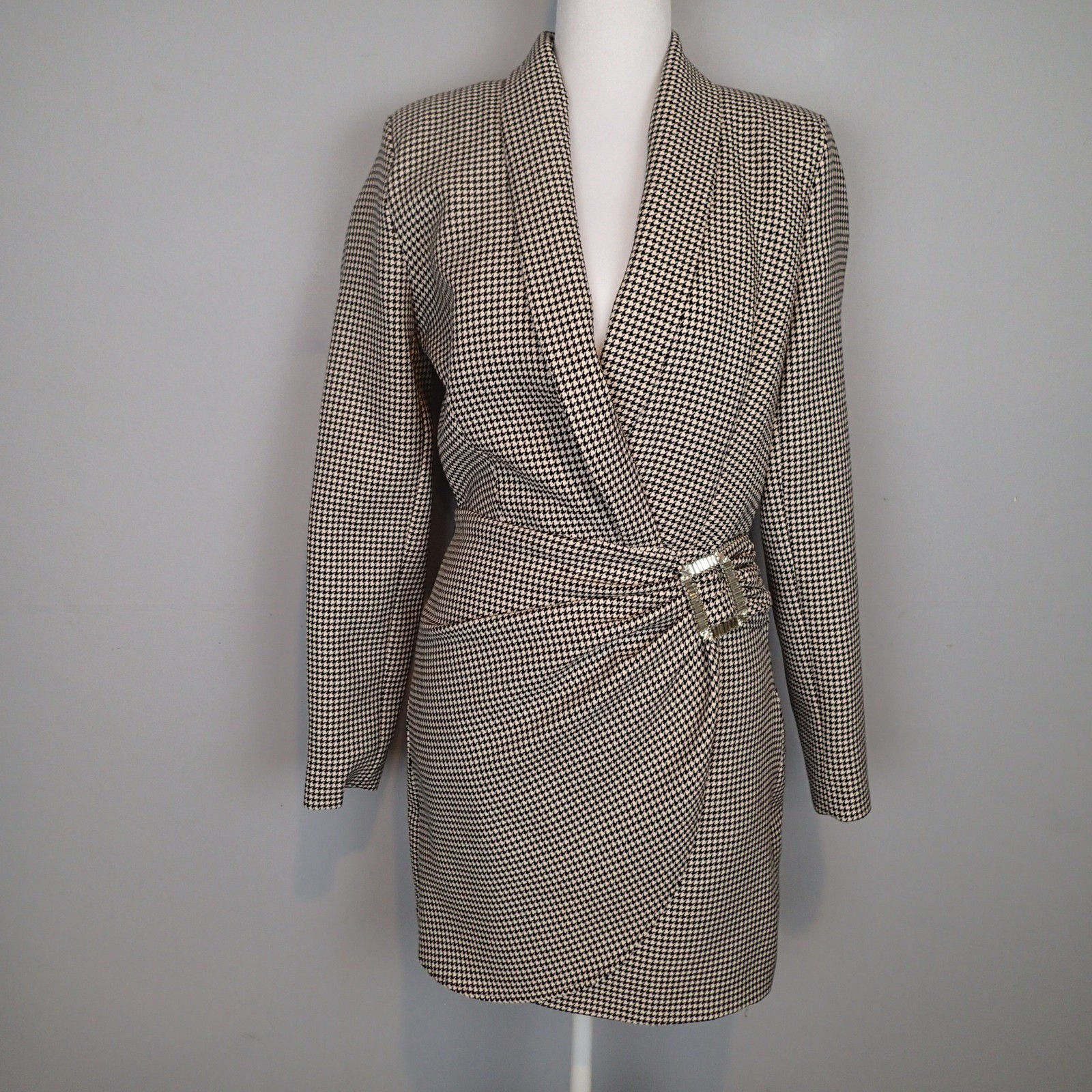 Zara Houndstooth Dress Rhinestone Buckle Black/Cream S v neck