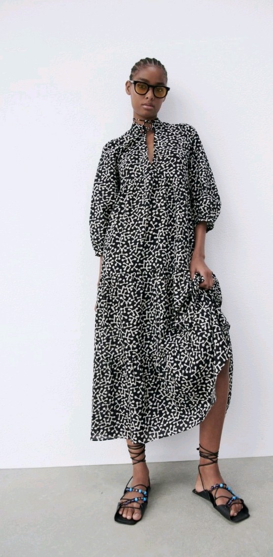 ZARA Printed Cadie Dress S Midi Ruffles Summer tiered Black White Holiday Layer