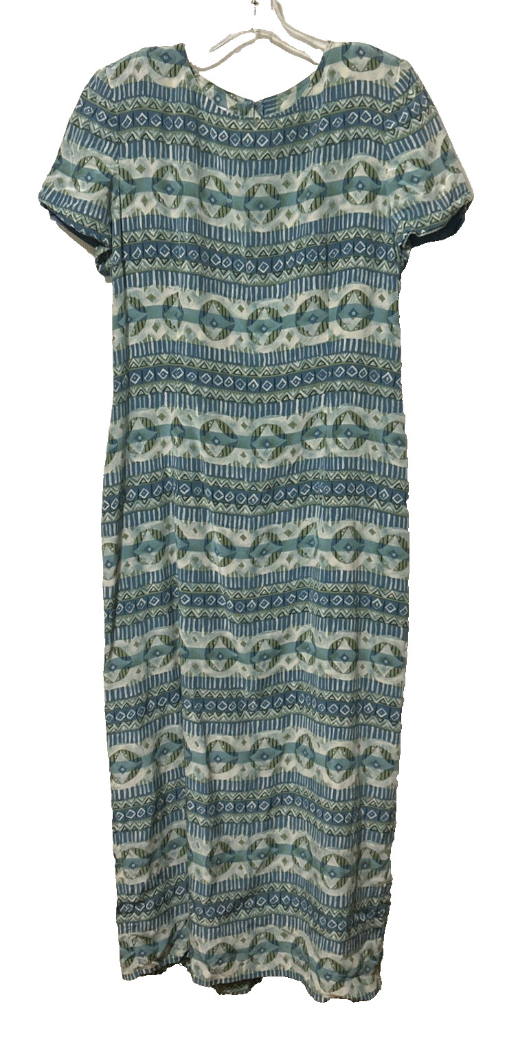 VTG Maggy London Silk Geo Aztec Stripe Short Sleeve Midi Dress Blue Green M/L
