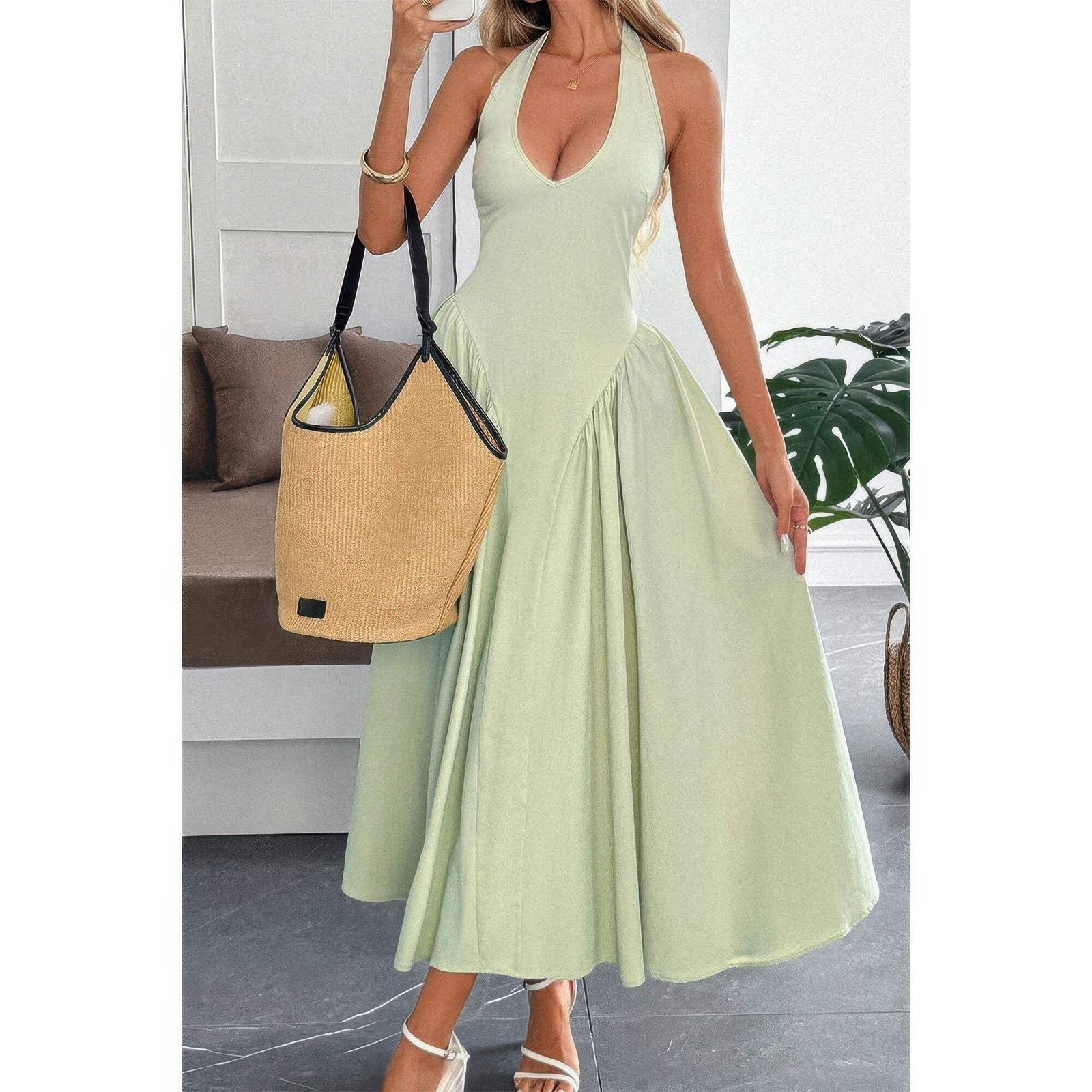 Women’s Solid Halter Midi Sundress Hidden Back Zipper Sleeveless Fit & Flare Dre