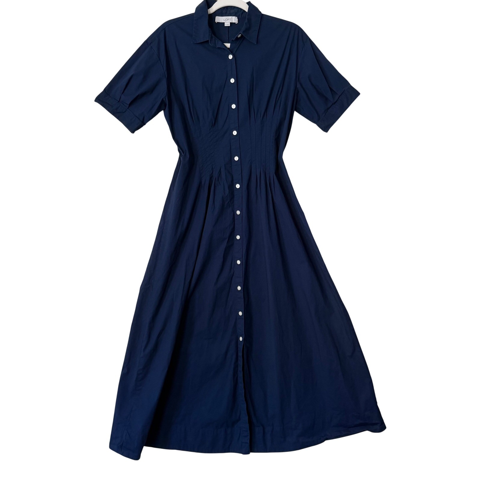 LOFT Navy Blue Short Sleeve Button Down Pleated Waist Midi Shirt Dress Size 8