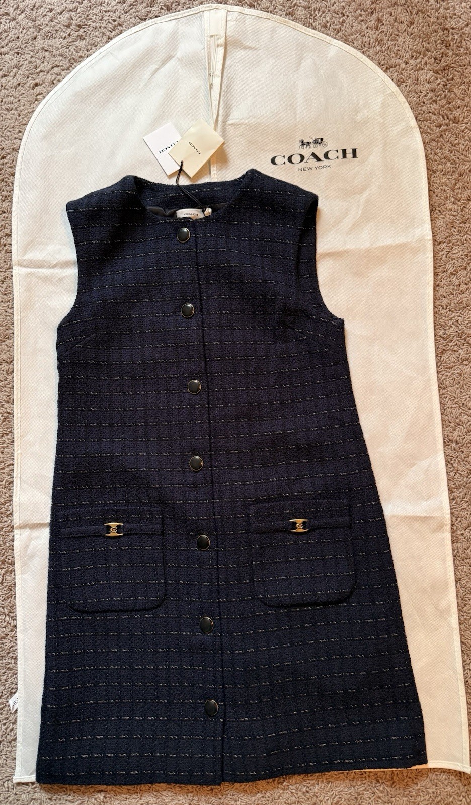 Coach Heritage C Boucle Dress in Navy Blue. Size 0. New with Tags & Dress Cover