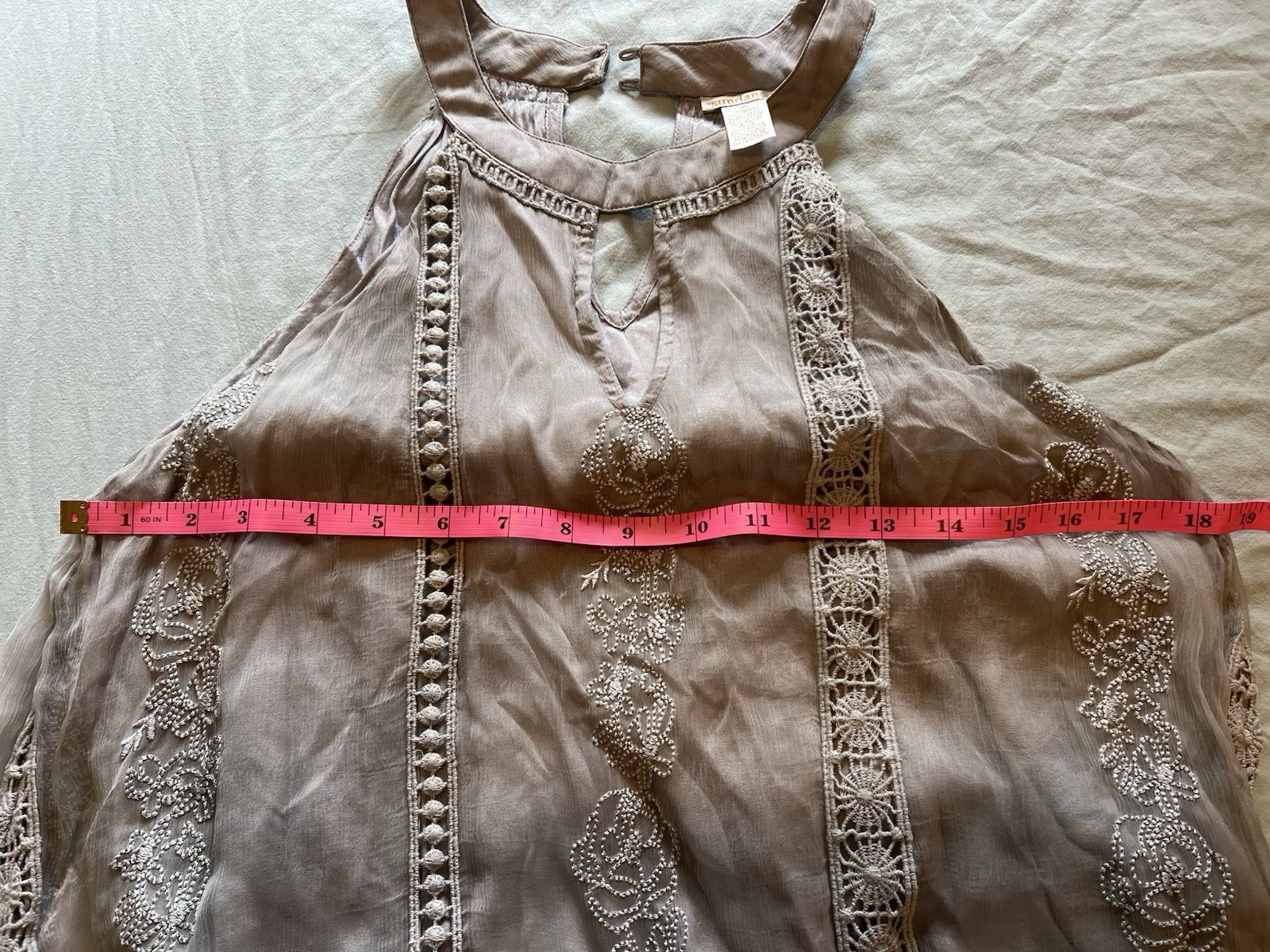 Icy-gray Embroidered Boho Sundance Dress, Women’s Size 10, Sewn-in Lining