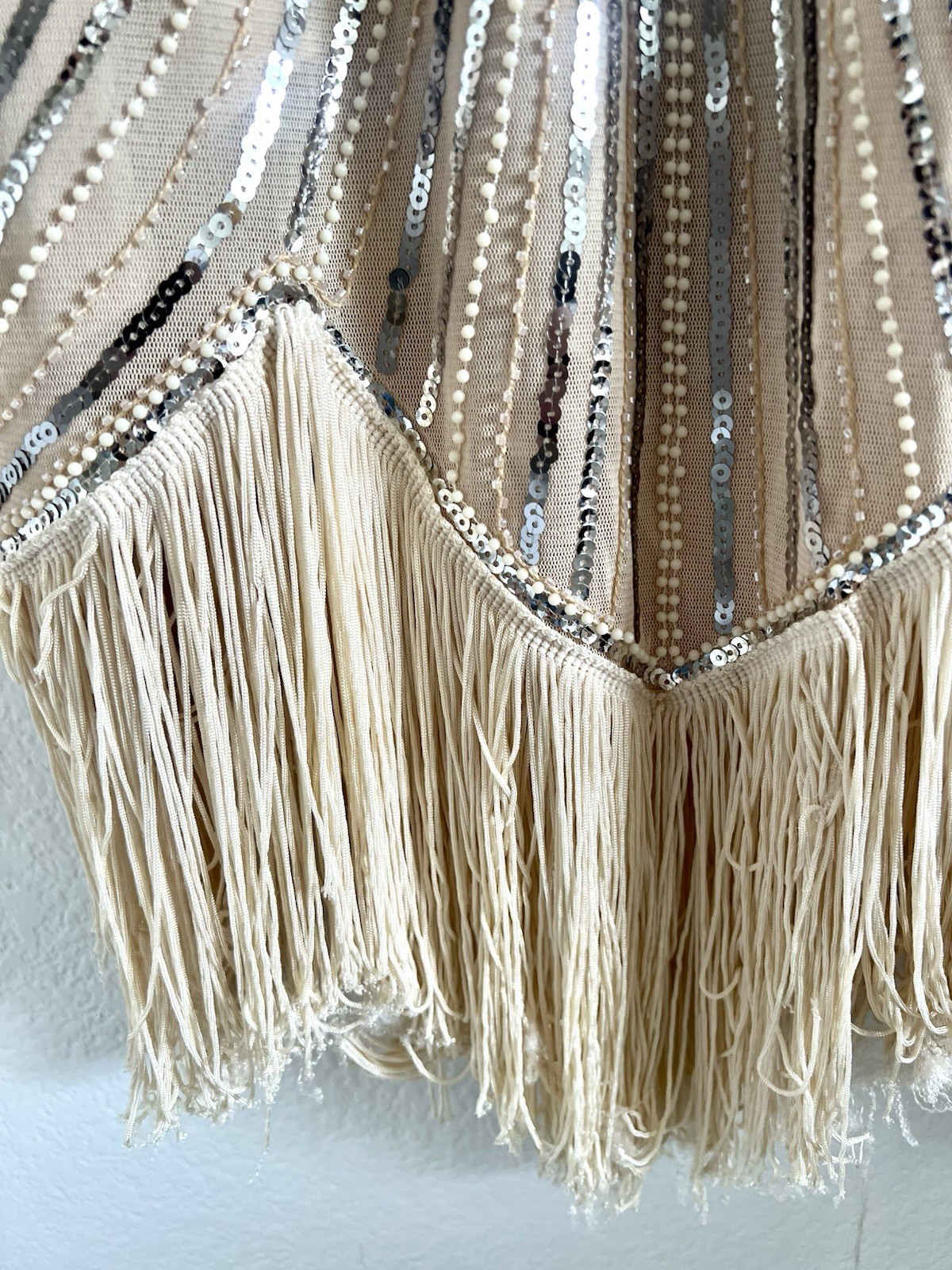 Womens Beige Beaded Sequin Fringe Mesh Sheath Cap Sleeve Zip Dress Size L