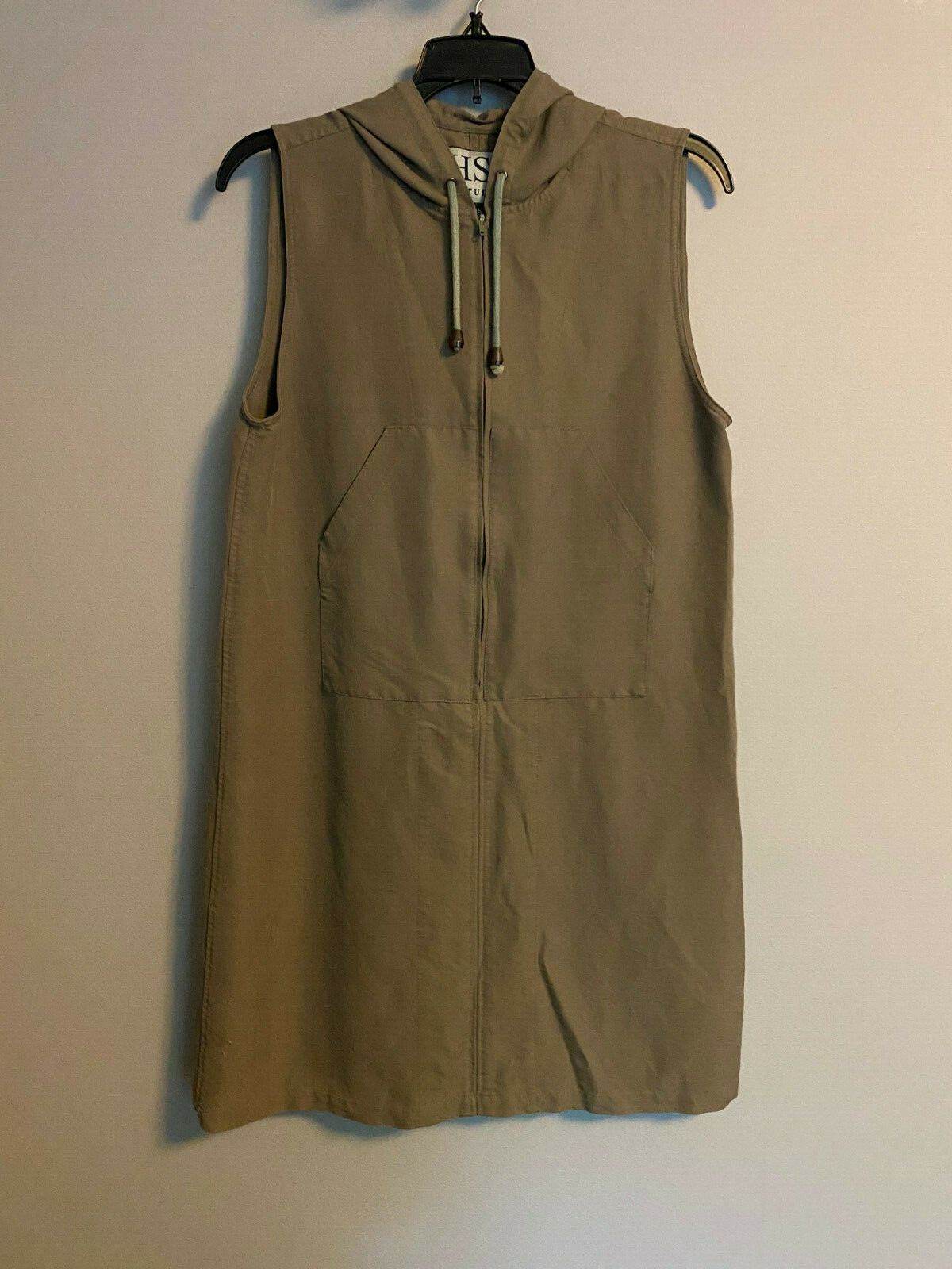 Womens HSZ Studio Sleeveless Shift Dress, Olive, Hooded, 1/2 Zip, Pockets, Small