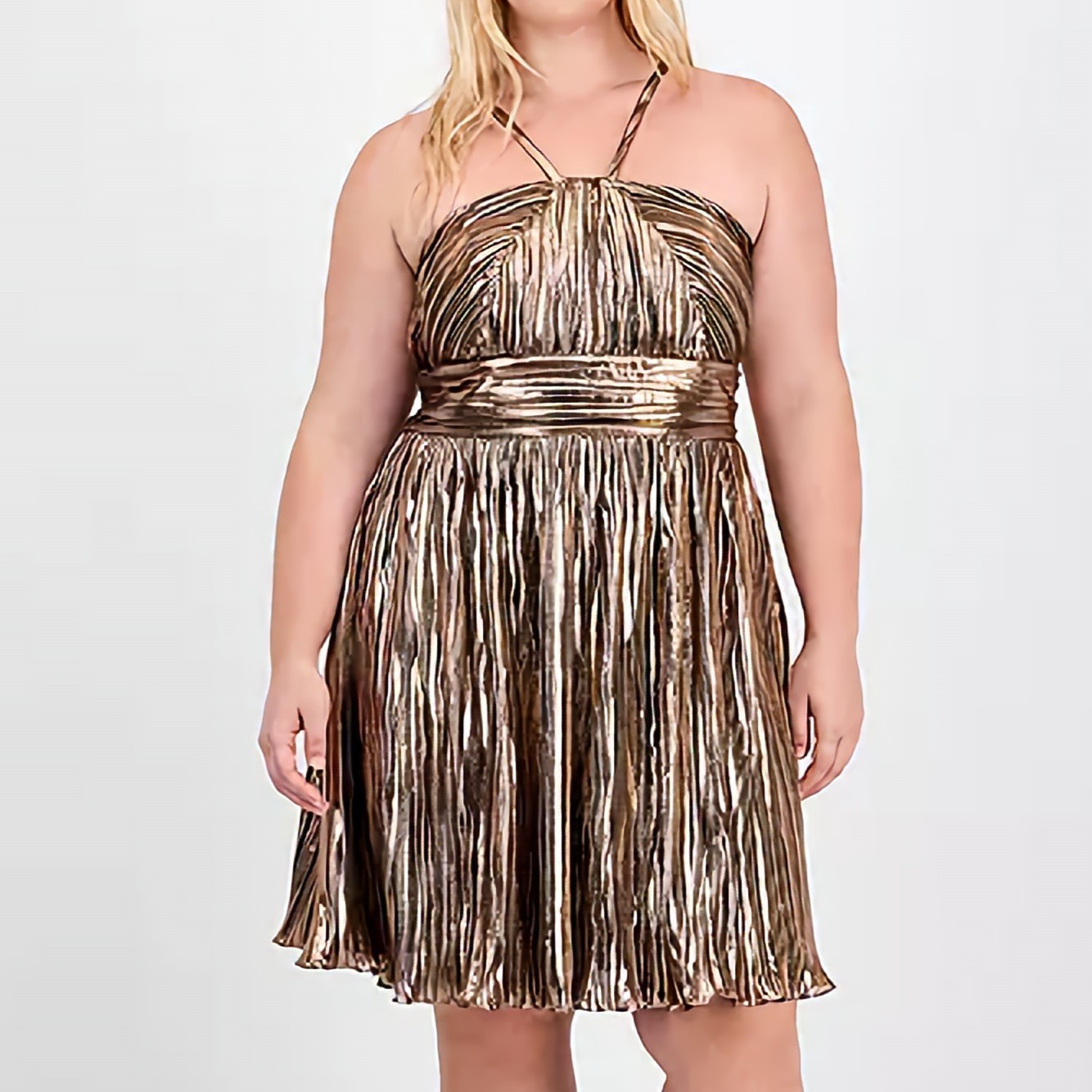 City Studios Pleated Metallic Gold Lame Babydoll Mini Dress Juniors Plus NWT