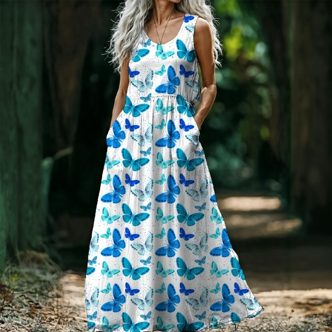 White Blue Butterfly Print Sleeveless Maxi Dress with Pockets Size L