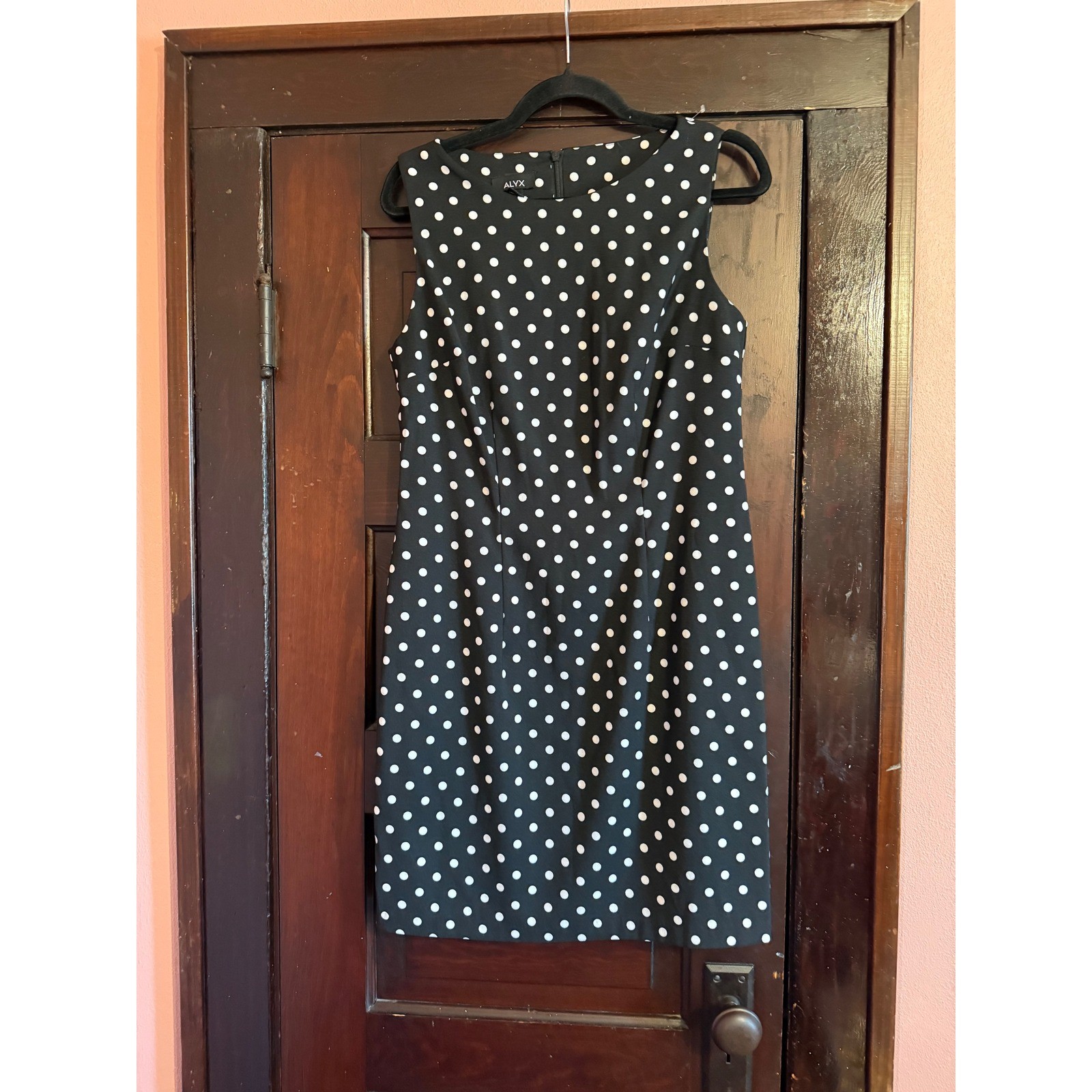Alyx Womens Black White Polka Dot Sleeveless Sheath Dress Size 10 Stretch Knee