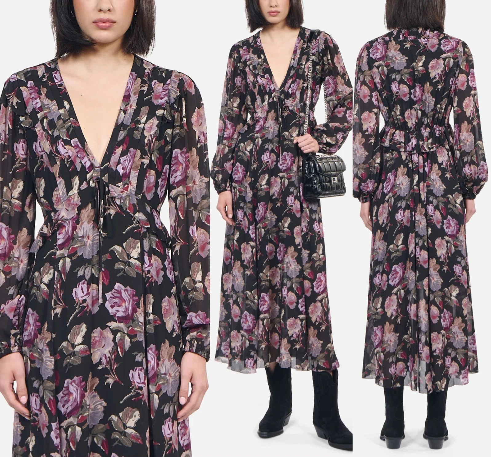 The Kooples English Rose Maxi Dress Black Floral Long Sleeve Romantic Sz 2 US M