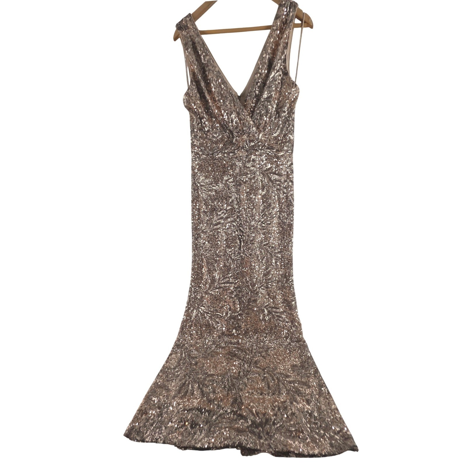 Belle Badgley Mischka Rose Gold Sequin V-Neck Gown Formal Evening Dress 12