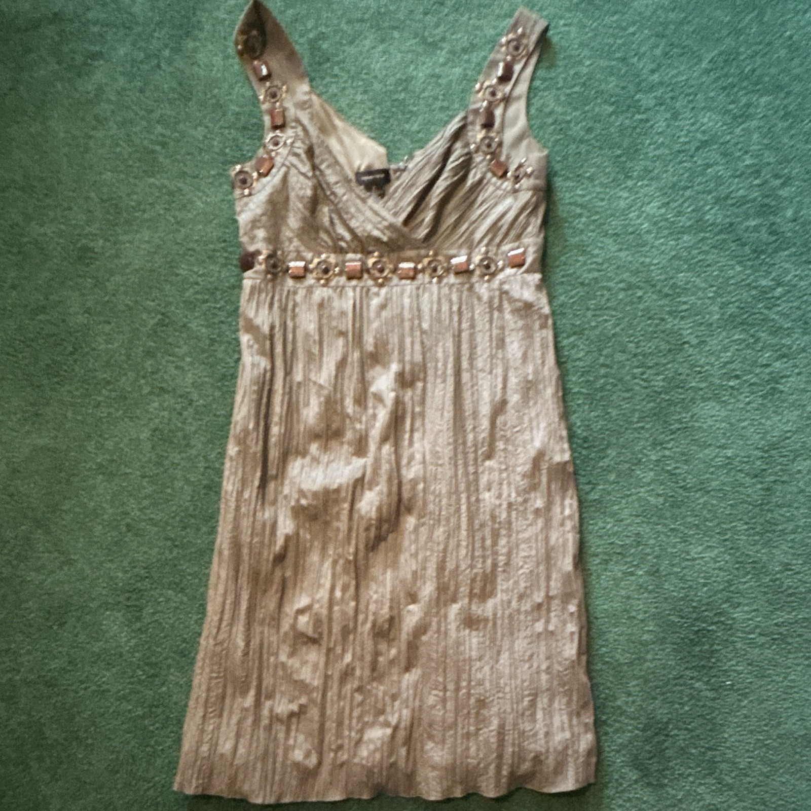 Spense Satin A-Line Dress Beige V-Neck Beaded Lined Knee Length Women’s 8