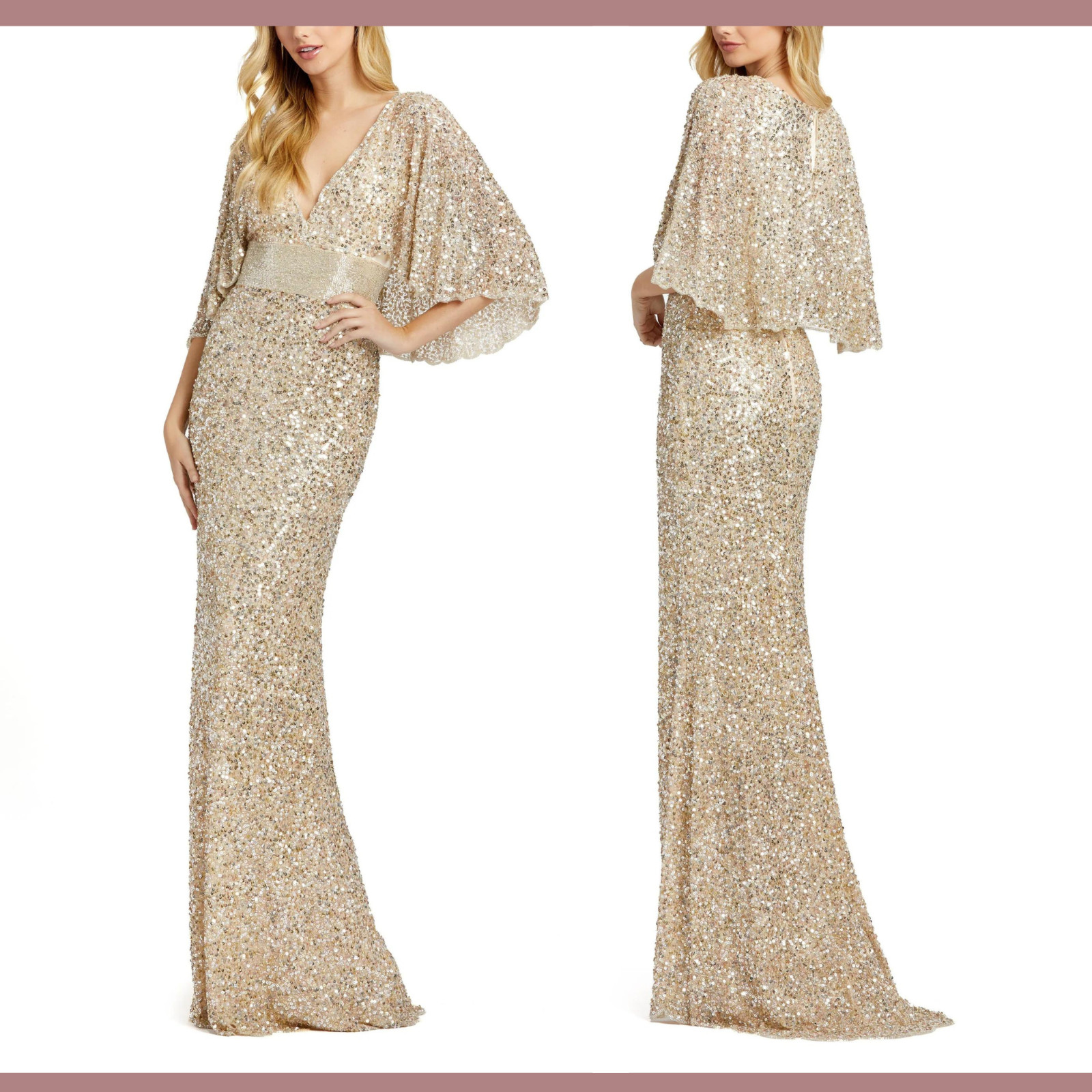 NEW $698 Mac Duggal [ 10 ] Sequined V Neck Cape Sleeve Beaded Gown Nude #Q704