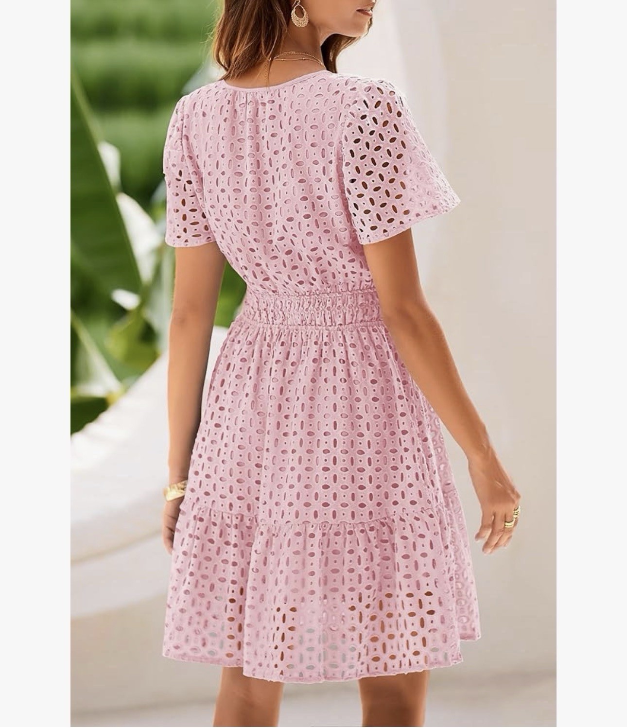 PrettyGarden Pink Eyelet Embroidered V-Neck Fit & Flare Lined Dress M