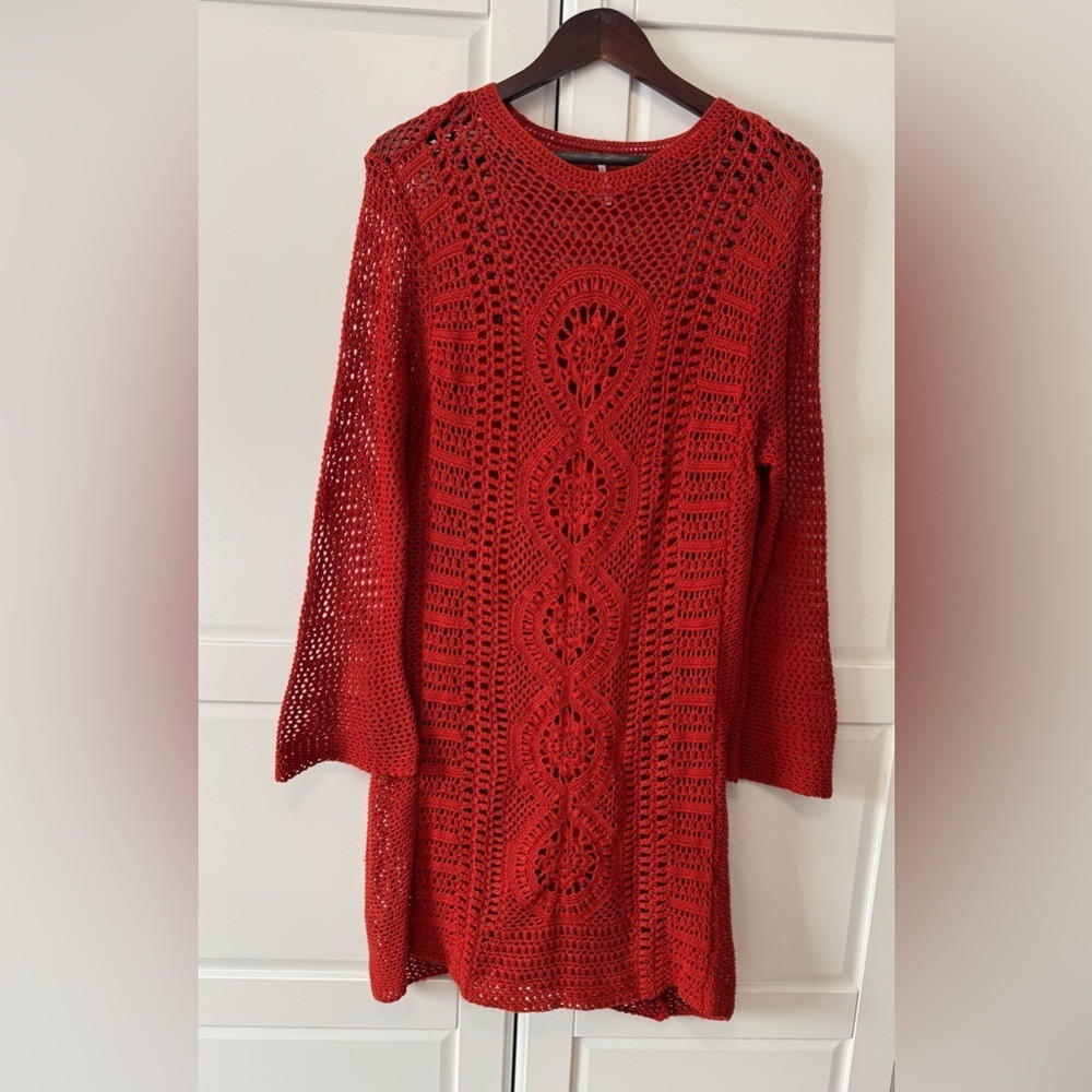 Free People Rosalind Burnt Orange Crochet Long Bell Sleeve Dress NWOT Large