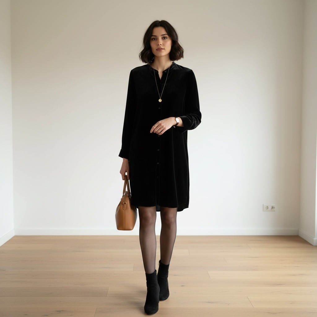 Eileen Fisher Black Silk Blend Velvet Mandarin Collar Shirt Dress XL Quiet Lux