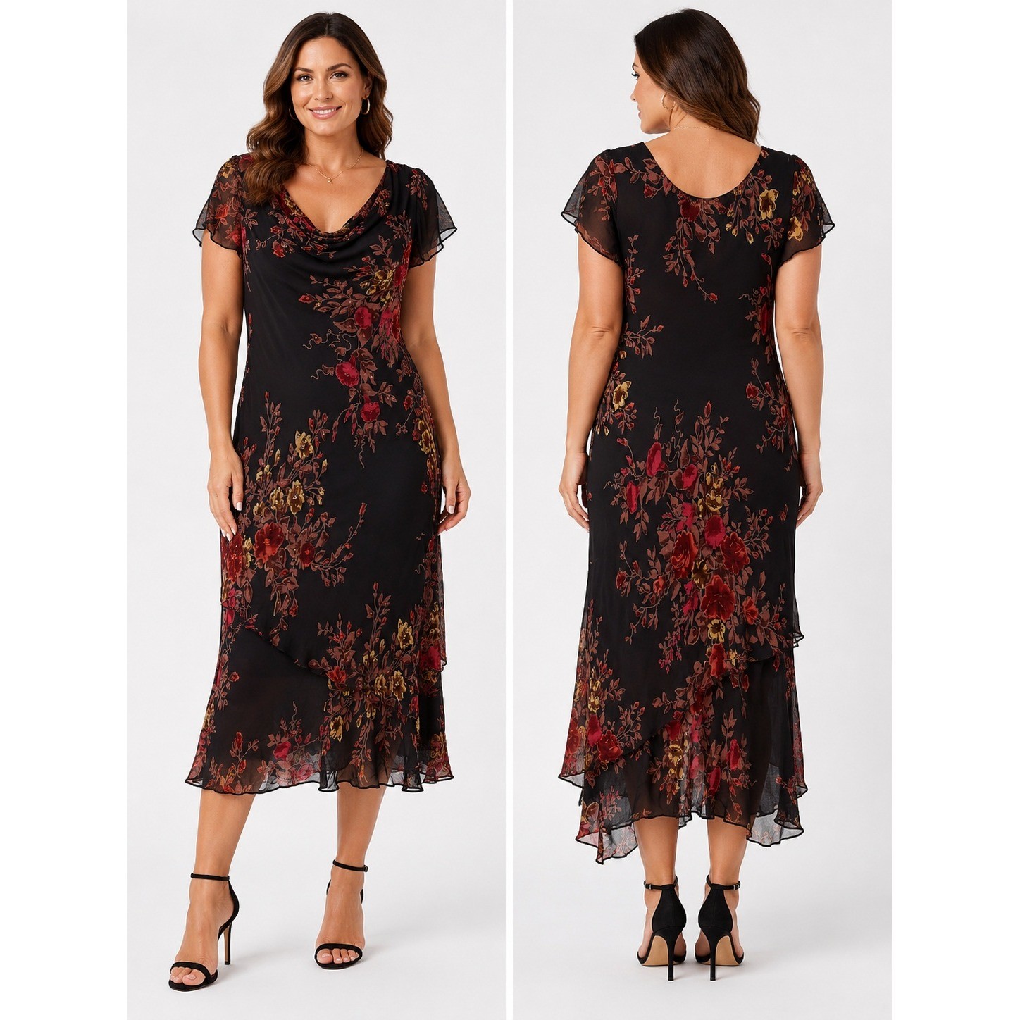 Majick Floral Midi Dress Medium Brown Beaded Cowl Neck Sheer Layered Y2K Goth