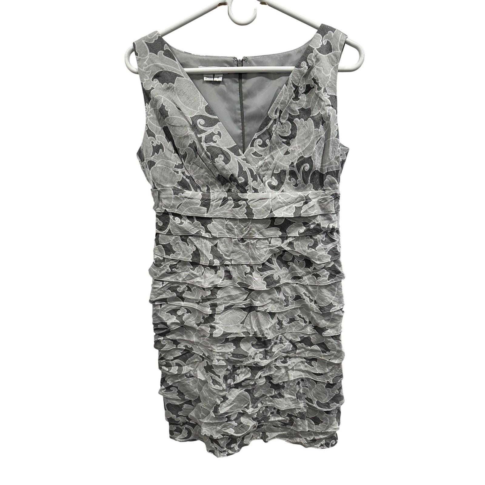 Floral Tiered Ruffle Cocktail Dress Gray Womens Size 6 V-Neck